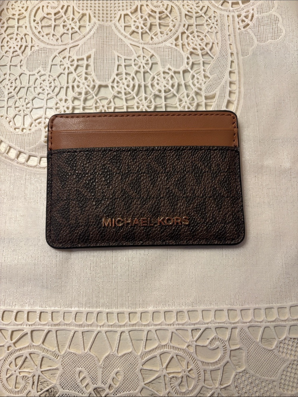 Michael Kors Brown Signature Card Case Holder Compact Wallet